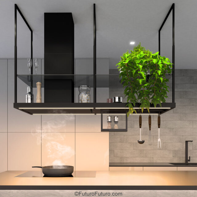 Suspended black hood with professional kitchen style