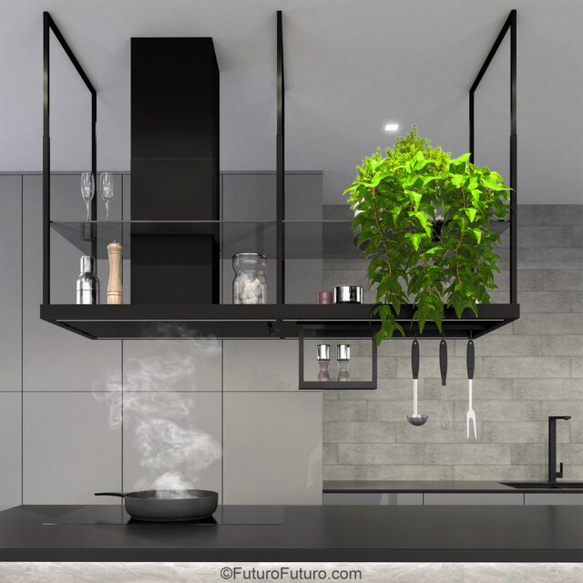 Functional and elegant ceiling-mounted kitchen hood