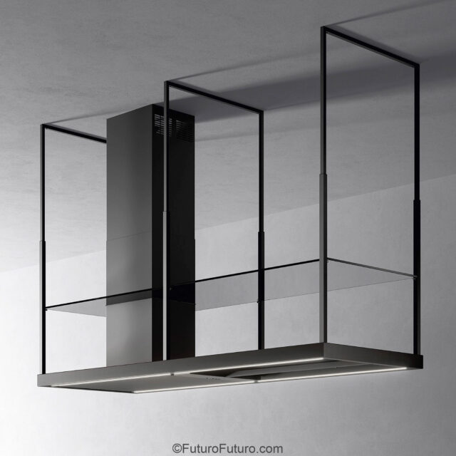 Floating matte black vent hood with utensil storage