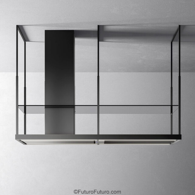 LED-lit island range hood with glass and steel design