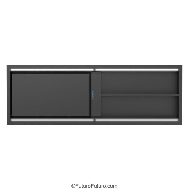 Futuristic black kitchen vent hood over cooking island