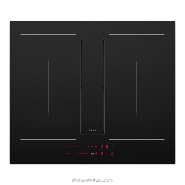 Close-up of steaming pots on a black-glass induction range with central downdraft ventilation.