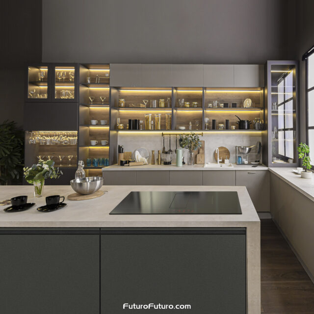 Two pots boiling vegetables and food, steam visibly venting into the integrated range hood system.