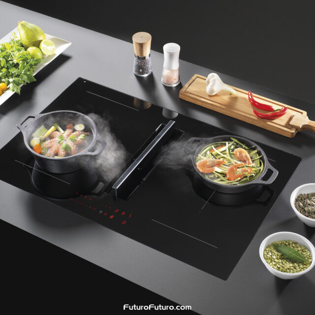 View of the Portofino induction cooktop showing active steam suction through the integrated hood.