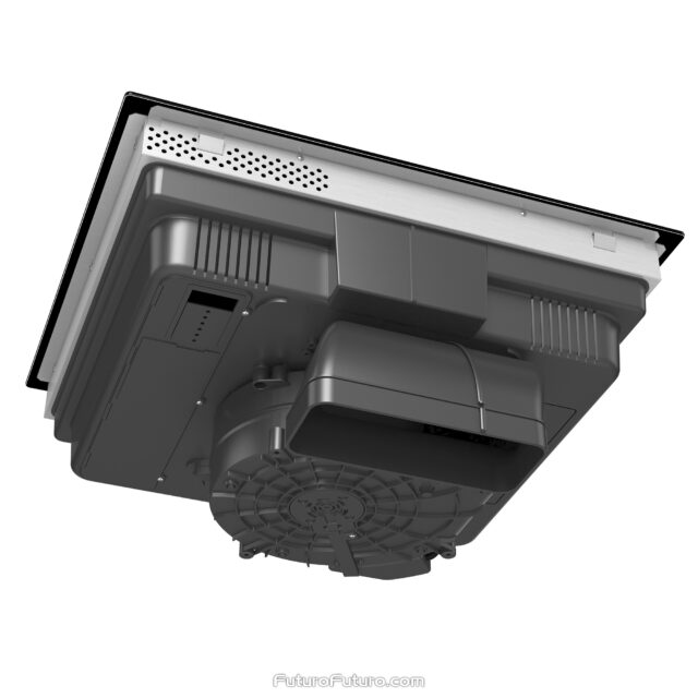 A glass flap on an integrated induction hood, designed to close and prevent food debris entry.