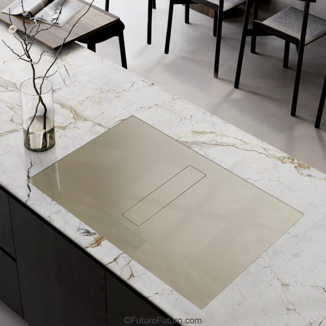 Luxury induction cooking with champagne glass surface and downdraft hood