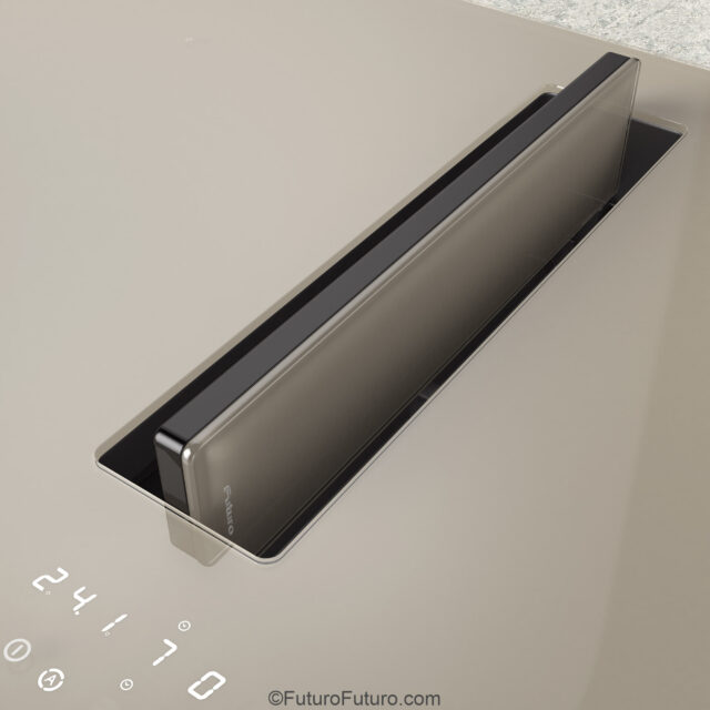 Luxury induction cooking with champagne glass surface and downdraft hood