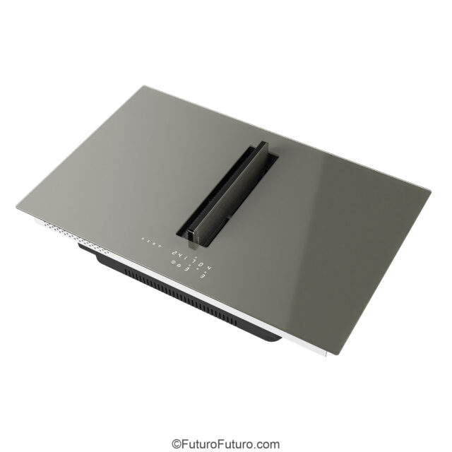 Charcoal glass surface induction cooktop with downdraft system