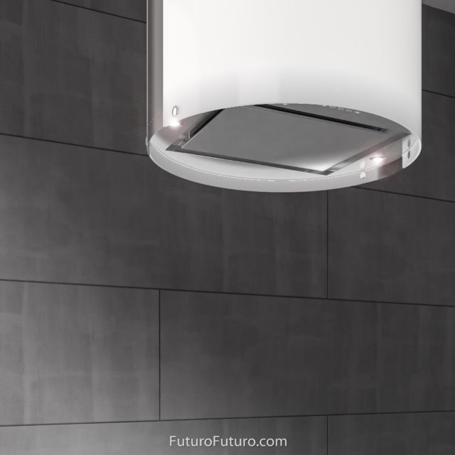 White glass and stainless steel range hood | White glass island vent hood