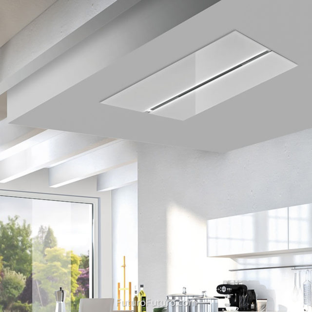 White kitchen cabinet island range hood | White ceiling mounted range hood