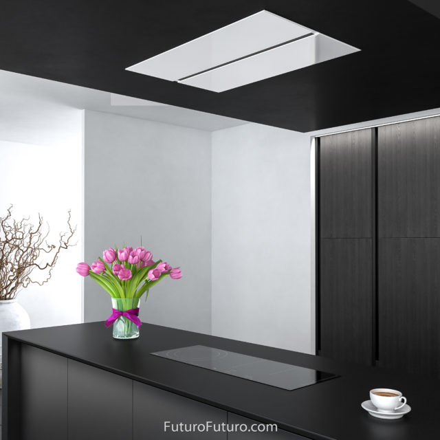 Black kitchen cabinets white ceiling mount range hood | Modern kitchen hood