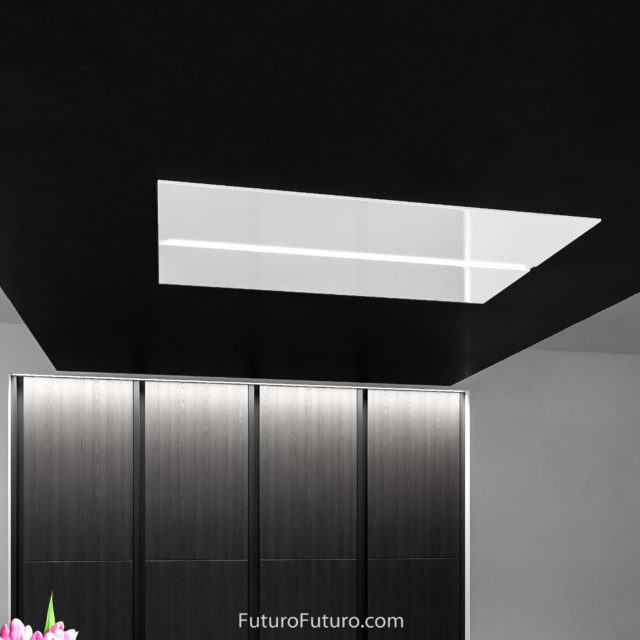 White glass flush ceiling mount range hood | Futuristic look kitchen island vent hood
