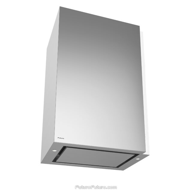 Modern white kitchen range hood with perimeter extraction technology.