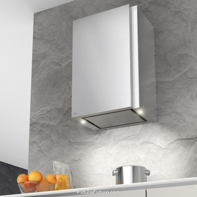 Stylish and functional 24-inch white wall-mount range hood.