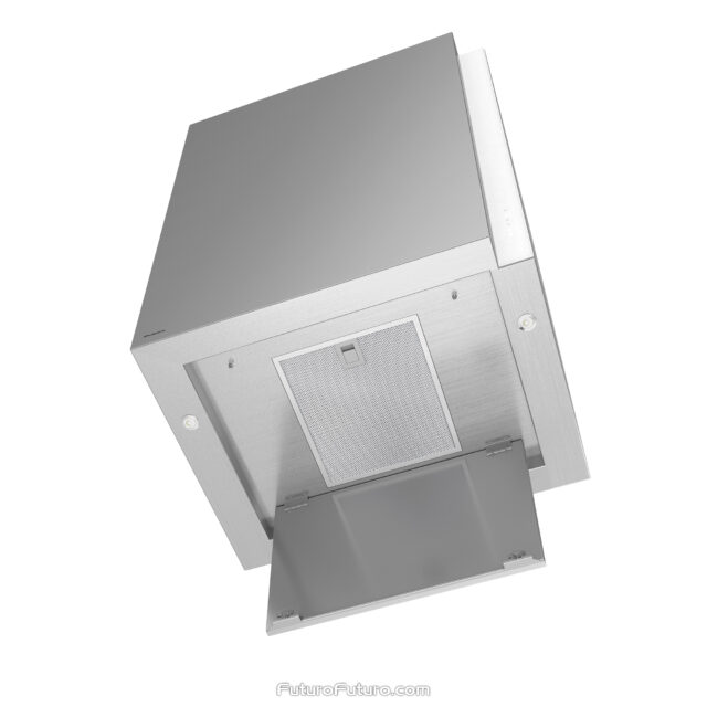 Elegant Italian-designed white range hood with intuitive touch controls.