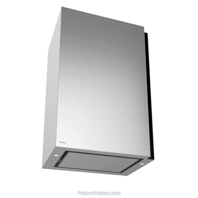 Minimalist black wall-mounted range hood for modern kitchens.