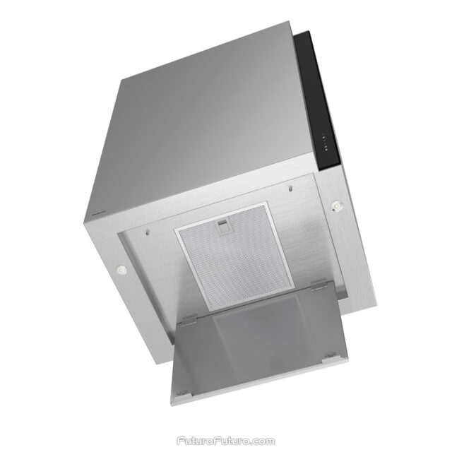 Small-space compatible 24-inch range hood with sleek design.