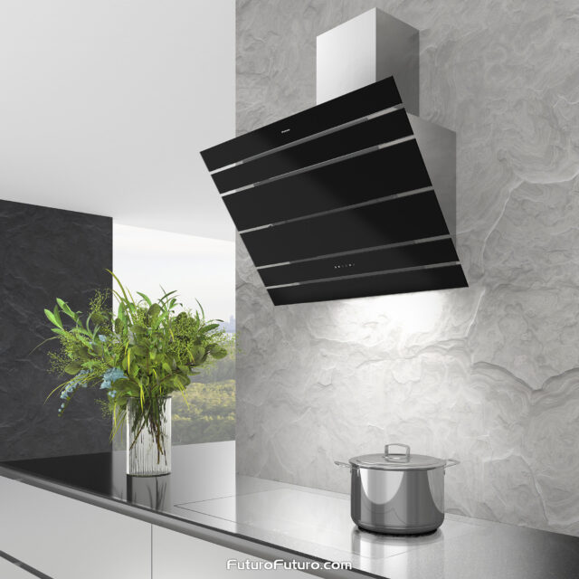 Modern black wall-mount range hood for home kitchens.