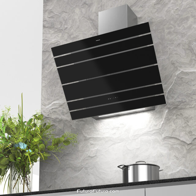 Energy-efficient black range hood with eco-friendly LED lights.