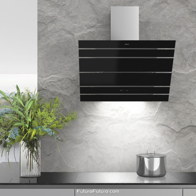 Contemporary 34-inch black range hood with 10-year plasma filter lifespan.