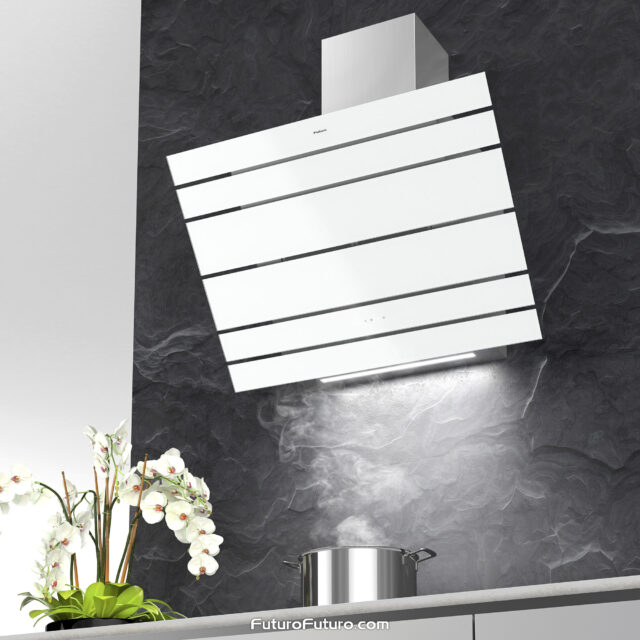 Contemporary white wall-mount range hood for home kitchens.