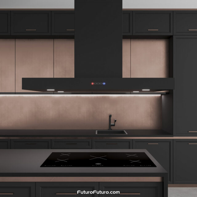 Black kitchen ceiling mounted range hood | Modern black island range hood