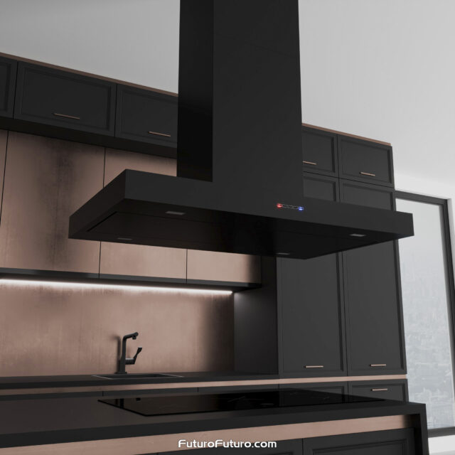 Designer kitchen island range hood | Black kitchen cabinets range hood