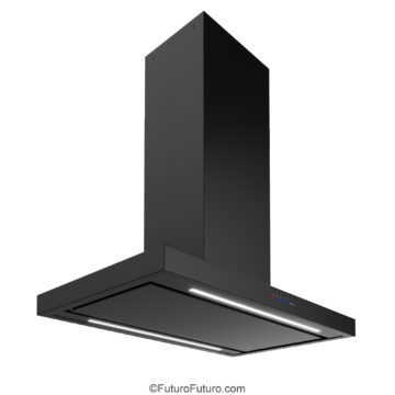 Designer black island hood by Futuro Futuro over modern cooktop