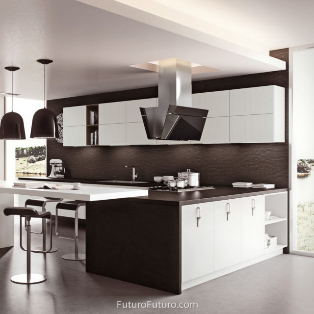 Kitchen island range hood | Brown and white kitchen ceiling mount range hood