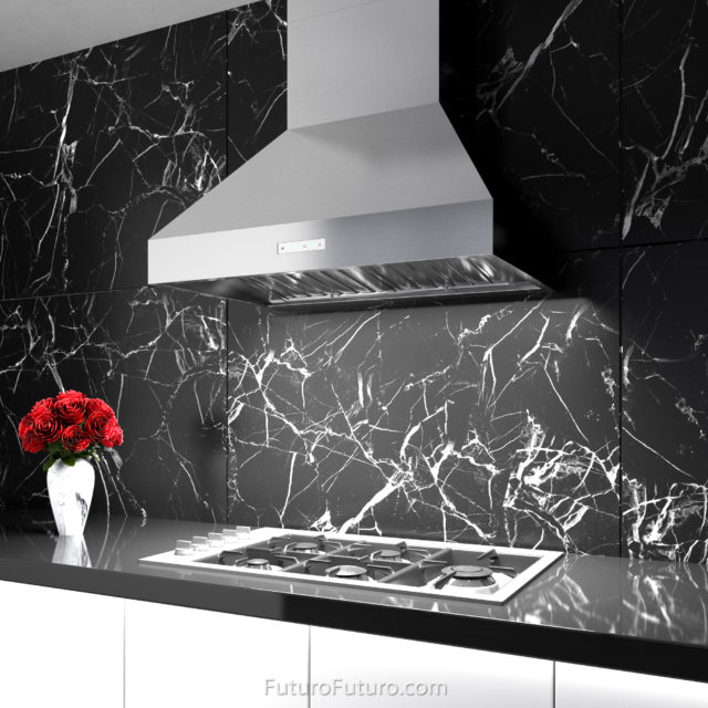 Black and white kitchen wall mount range hood | Professional design kitchen hood vent