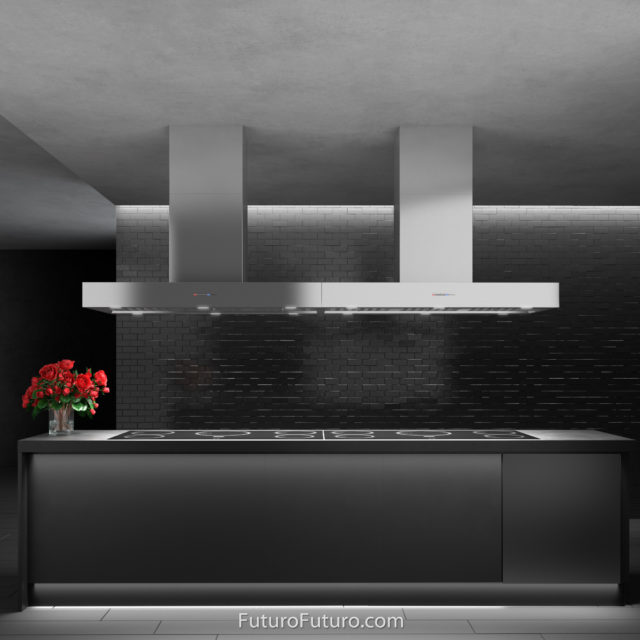 Black kitchen design ceiling mount range hood | Custom kitchen range hoods