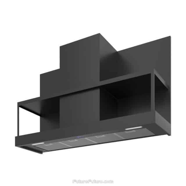 Modern kitchen featuring Futuro Futuro's Counter Black Wall Range Hood.