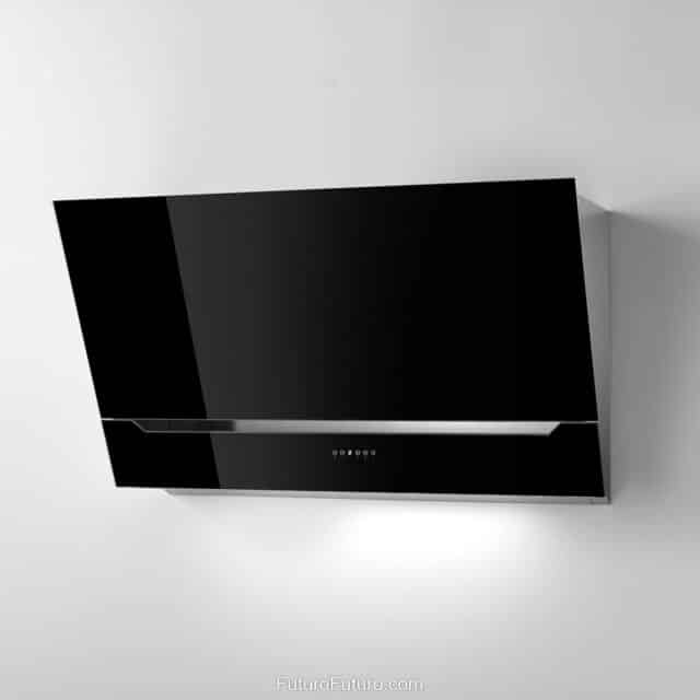 Futuro Futuro's 36-inch Lorenzo Black wall range hood for a sleek kitchen atmosphere.