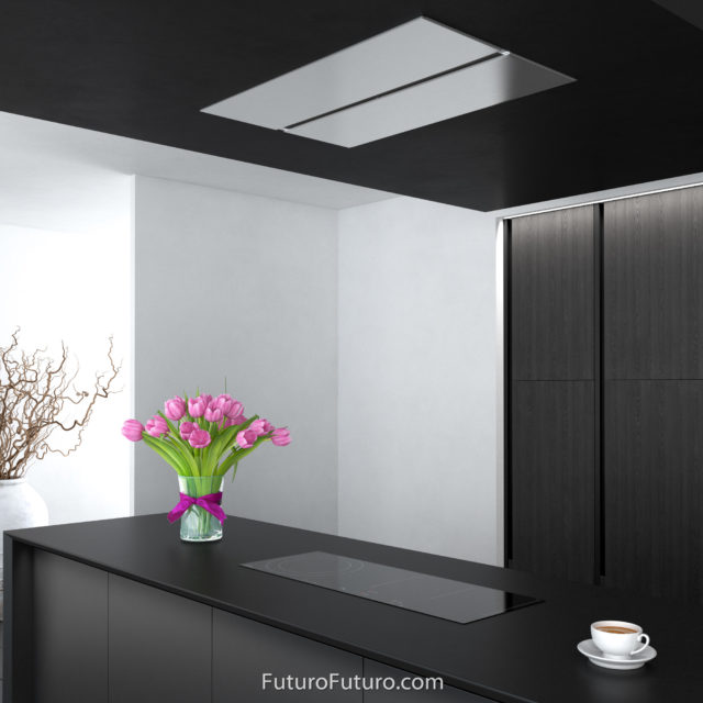 Black kitchen cabinets island vent hood | Luxury ceiling mount range hood