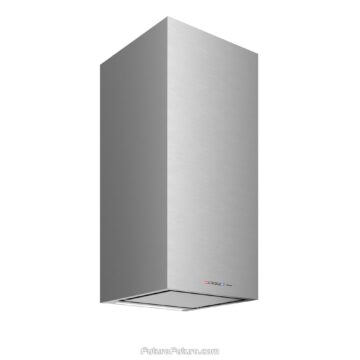 With the LED strip on, this 16 inch kitchen hood throws cool light across grey stone and black glass while the slim stainless chimney and Futuro indicators stay quiet on the wall beside a vase of red tulips.