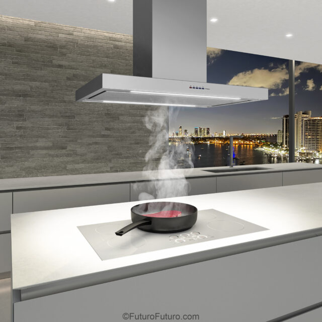 Minimalist kitchen design featuring island range hood