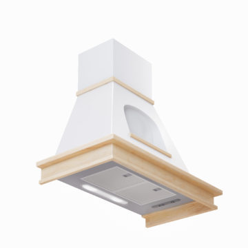 Cottage style range hood features a wood trim above a swing arm pot filler  mounted on white arabesque backs…