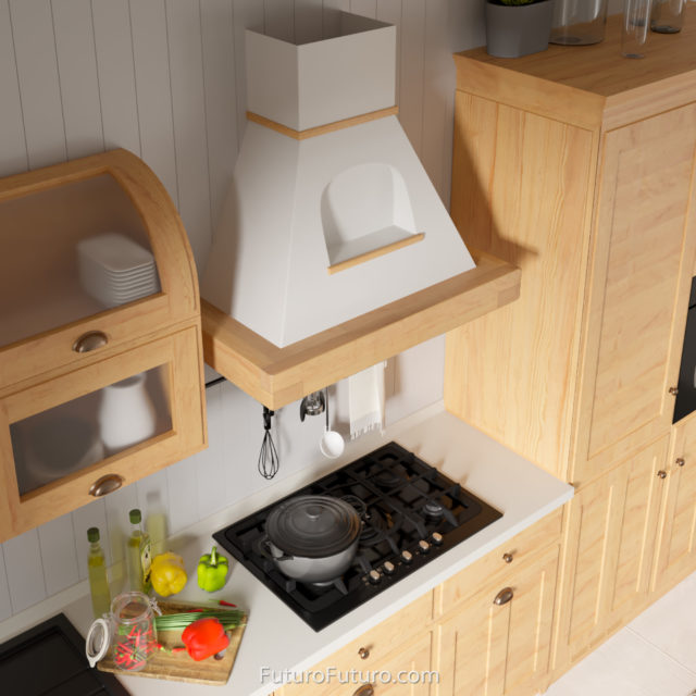 white granite countertops ducted range hood | low noise level vent hood | wood kitchen cabinets ductless range hood