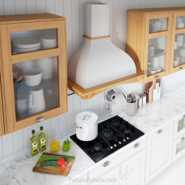 Country style kitchen cabinets stove hood | white granite countertops oven hood | wood wall mount range hood