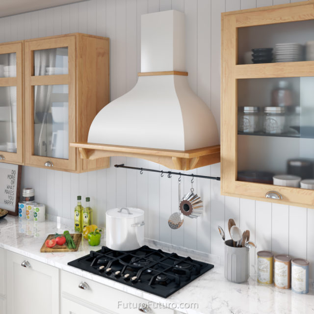 white kitchen hood vent | ducted range hood | white quartz countertops kitchen hood