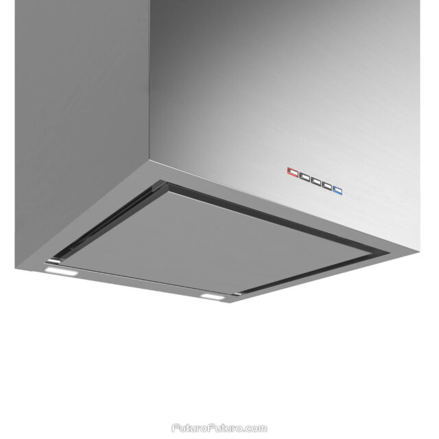 Stainless steel range hood with a smooth, glossy finish.