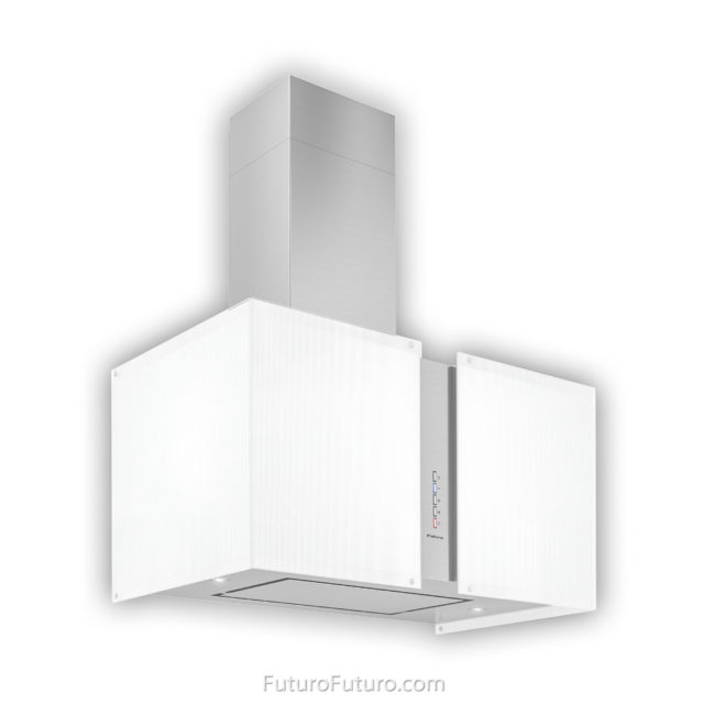 Designer white glass kitchen hood | LED illuminated range hood