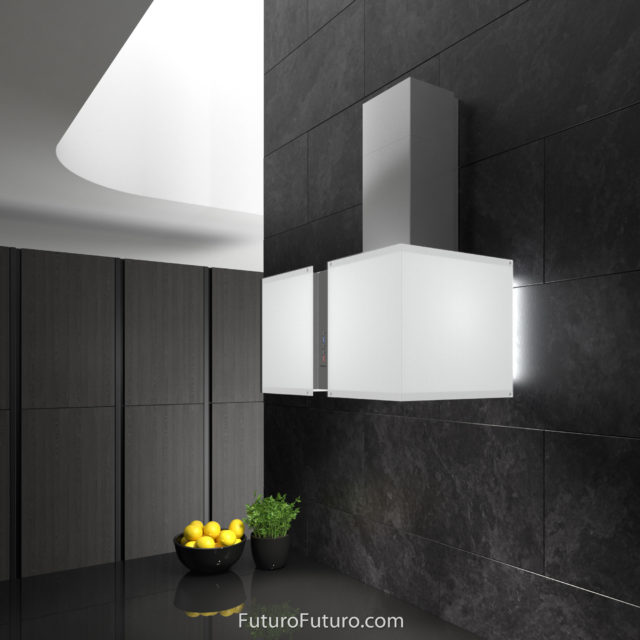 White LED illuminated kitchen hood | Glass and stainless steel vent hood