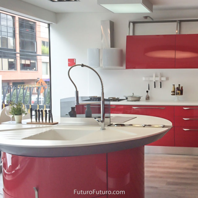 Red kitchen cabinets wall mount range hood | Modern range hood
