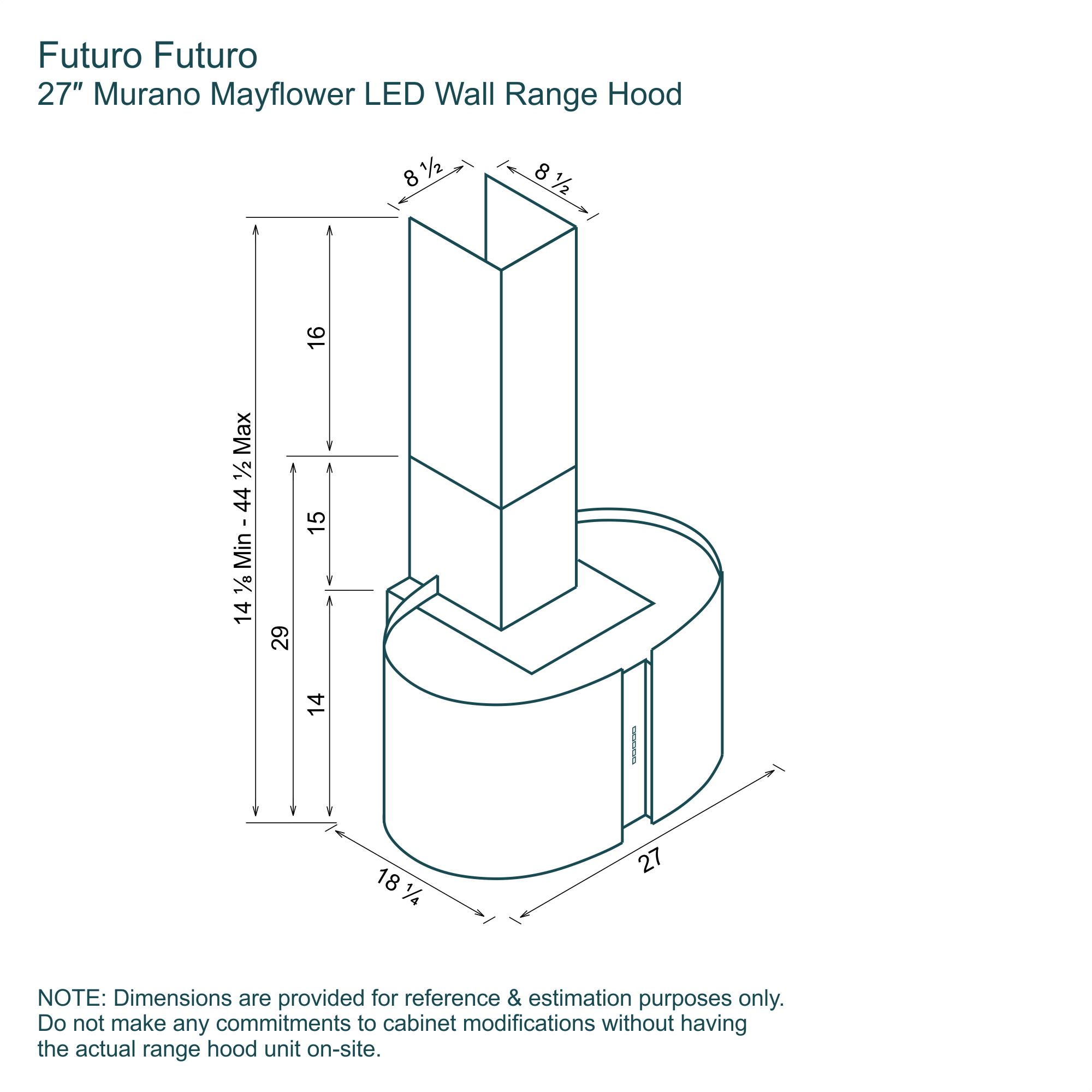 27″ Murano Mayflower LED Wall Range Hood 21 Dimensions 27 inch Murano Mayflower range hood