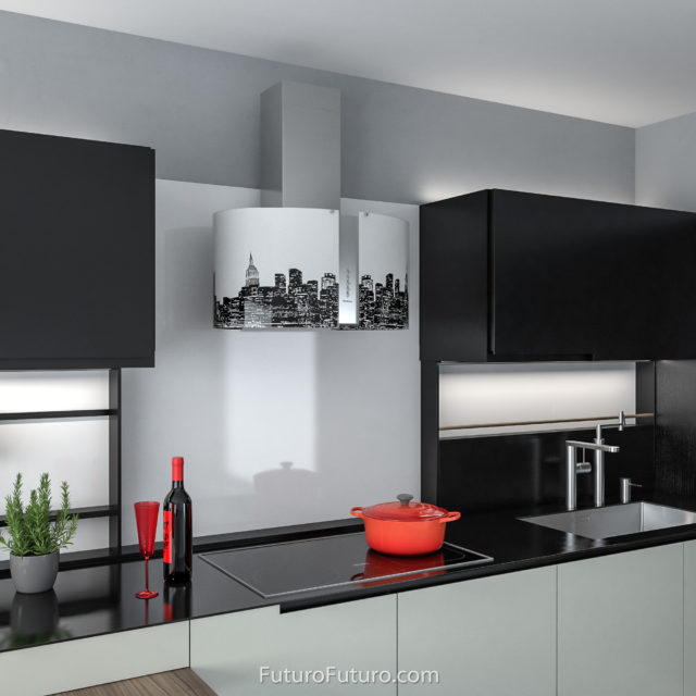 Designer black and white glass kitchen hood | Powerful filtration system range hood