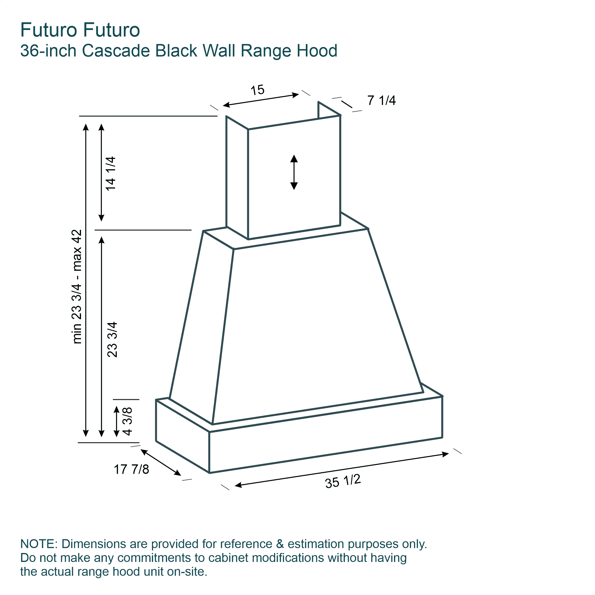 36″ Cascade Wall Range Hood 16 Dimensions Futuro Futuro 36-inch Cascade Wall Range Hood