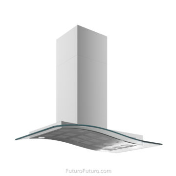 Acqualina Glass wall-mount range hood | black quartz countertops stove hood