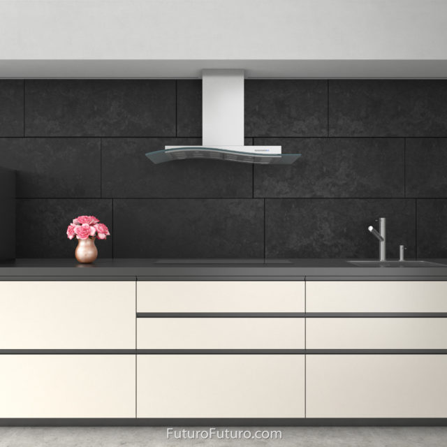 White kitchen cabinets oven hood | White quartz countertops kitchen fan