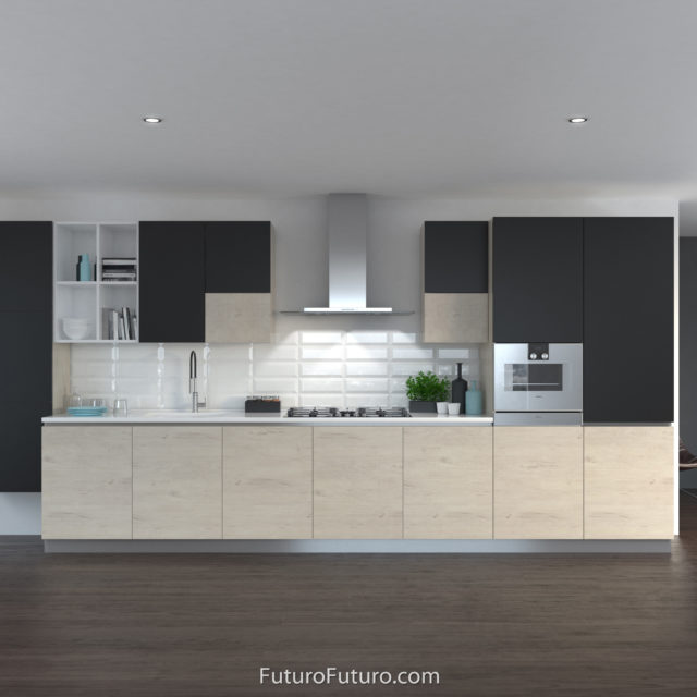 Beige and black kitchen cabinets glass range hood | Modern kitchen wall mount range hood